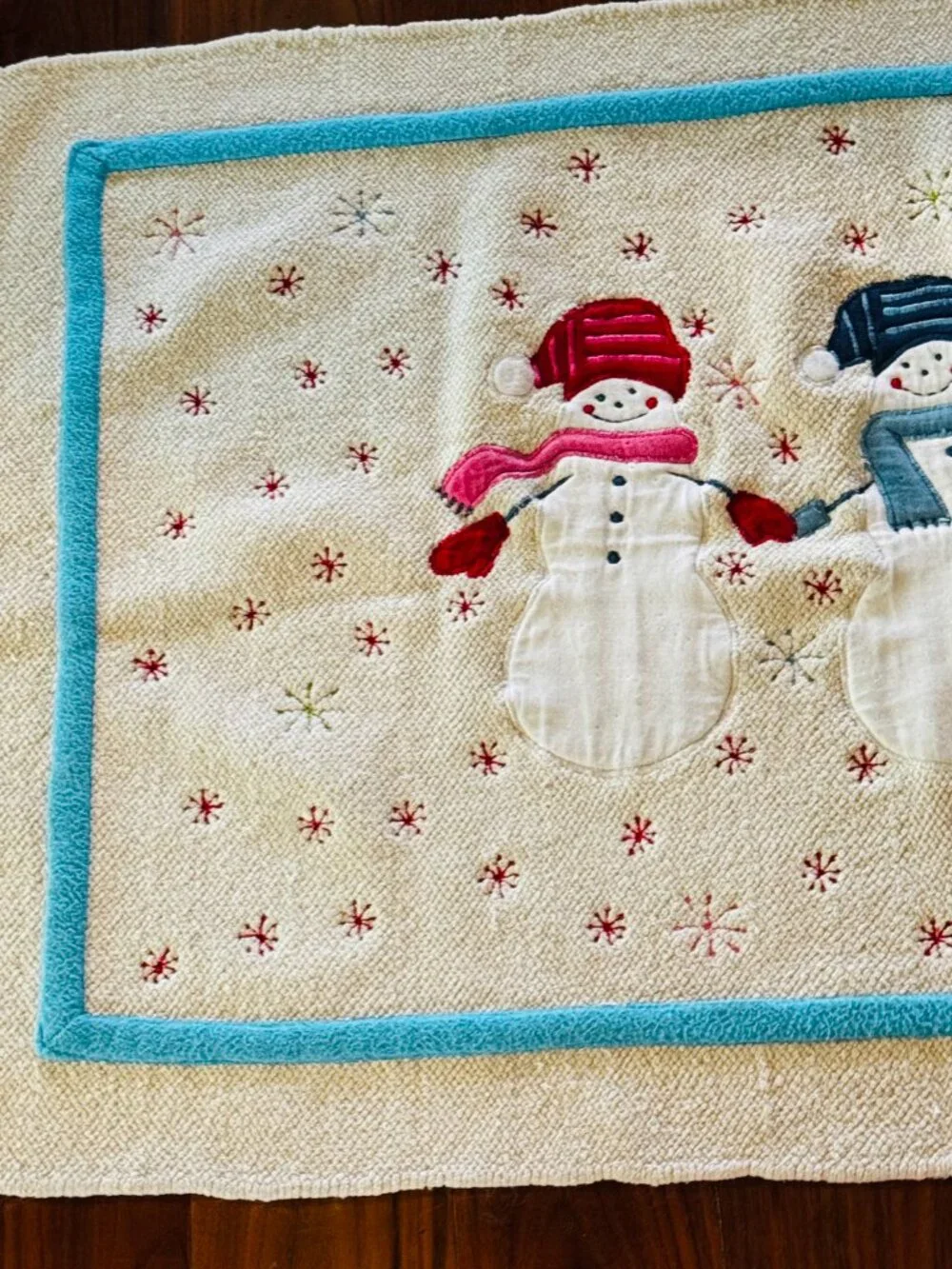 Christmas Bath Mat Embroidery Snowman Cotton Holiday Decor Wish for Joy India